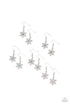 Christmas earrings in assorted colors. The winter inspired snowflake frames feature glittery rhinestone centers that are in the iridescent shade of multicolor. Earrings attach to standard fishhook fittings.

 Sold as one pair of earrings. Multicolored Earrings, Shades Of Dark Blue, Earring Kit, Winter Inspired, Copper Pearl, Snowflake Earrings, Kids Earrings, Girl Jewelry, Fish Hook Earrings