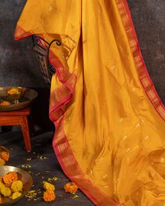 "Experience the vibrant beauty of our Handwoven Narali Kath yellow pure silk yeola paithani. Handcrafted with traditional weaving techniques, each piece is a unique work of art. Add a touch of elegance and tradition to your wardrobe (without breaking the bank!). No two are alike. Limited edition!" Paithani Silk Traditional Wear For Puja With Tilla Detailing, Paithani Silk Traditional Wear With Tilla For Puja, Diwali Paithani Silk Dupatta With Tilla, Paithani Silk Dupatta With Tilla For Puja, Festive Paithani Silk Traditional Wear With Tilla, Festive Paithani Silk Traditional Wear With Tilla Details, Diwali Paithani Silk Saree With Tilla, Festive Paithani Silk Dupatta With Tilla, Festive Paithani Silk Dupatta With Tilla Details