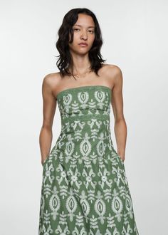 Strapless printed dress -  Women | Mango USA Satin Outfit, Green Summer Dresses, Strapless Summer Dress, Dress Code Wedding, Wedding Attire Guest, Honeycomb Pattern, Green Satin, Guest Outfit, Formal Gowns