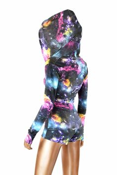 This item is made to order, please read all the way through the listing before purchasing!  This bodysuit is made of lycra spandex in an out of Black Stretch Rave Unitard, Multicolor Long Sleeve Stretch Bodysuit, Hoodie Romper, Boy Cut, Boy Cuts, Galaxy Print, Space Print, Rave Festival, Olive Branch