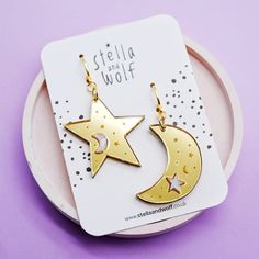 Sun Moon And Stars Earrings, Moon Phase Star Earrings For Gift, Moon-shaped Celestial Party Earrings, Celestial Moon-shaped Matching Earrings, Space-themed Gold Earrings Gift, Gold Space-themed Earrings Gift, Glowforge Earrings, Star And Moon Earrings, Acrylic Earrings Laser Cut