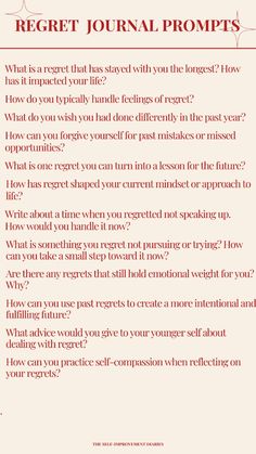 Use these powerful regret journal prompts to turn past mistakes into valuable life lessons. Explore your feelings of regret, learn how to forgive yourself, and create a more intentional future.Start journaling today and make peace with your past. #RegretJournalPrompts #Healing #SelfReflection #PersonalGrowth #MindsetShift Regret Journal Prompts, Diy Healing Journal, Past Relationship Journal Prompts, Resentment Journal Prompts, Journal Prompts For Letting Go Of The Past, Journal Prompts To Understand Yourself, Grievance Journal Prompts, How To Make Peace With Your Past, Journal Prompts For Creativity