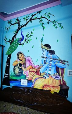 a painting on the wall of a bedroom depicting two women playing musical instruments and peacocks