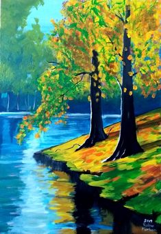 an oil painting of trees by the water