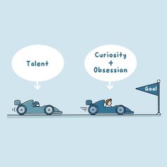 a cartoon car driving down a road with two people in it and the words curiosity and obsession