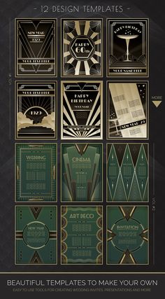 the art deco flyer is shown in black and gold colors, with different designs on it