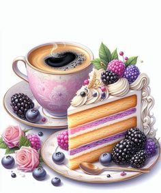 a piece of cake on a plate with a cup of coffee and berries next to it