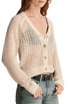 Open stitching keeps the feeling light and breezy in this raglan-sleeve cardigan. Front button closure V-neck Long sleeves Ribbed cuffs and hem Sheer 100% acrylic Hand wash, dry flat Imported Raglan Sleeve Cardigan, Sleeve Cardigan, Nordstrom Store, New Shoes, Raglan Sleeve, Lucky Brand, Top Brands, Stitching, Hand Wash