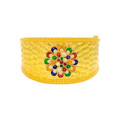 This 22k gold screw bangle weighs 47.7 grams and is adorned with vibrant Meenakari flower designs, giving it a colorful and artistic flair. The bangle has a size of 2.5 inches and an opening diameter of 2.3 inches, featuring a secure screw with hinge mechanism for easy opening and closing. This exquisite piece combines traditional Meenakari artistry with the timeless appeal of gold, making it a perfect accessory for adding a splash of color and elegance to any outfit. PRODUCT DETAILS Gold Purity(karat): 22k Gold Weight(grams): 47.7 Item Finish: Yellow Gold Bangle Size: 2.5 Bangle Opening(diameter): 2.3" Openable: Yes, Screw w/ Hinge Number Of Pieces: 1 Bangle Multicolor Temple Jewelry Bangle Bracelets, Multicolor Bangle Gold Bracelet As A Gift, Multicolor Gold Bangle Bracelet As A Gift, Multicolor Temple Jewelry Style Bangle, Yellow Gold Meenakari Bracelets As Gift, Yellow Gold Meenakari Bangle As Gift, Yellow Gold Meenakari Bangle For Gifts, Multicolor Fusion Bracelets For Ceremonial Occasions, Multicolor Ceremonial Fusion Bracelet