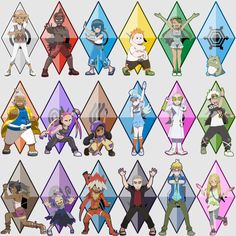 an image of some cartoon characters in different colors and sizes, all with their hands up