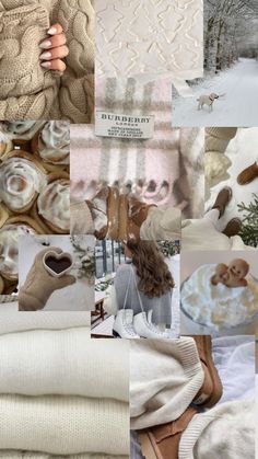 a collage of photos with white and brown items in the snow, including sweaters