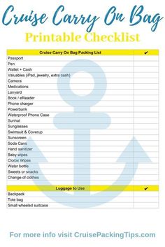 the cruise carry on bag printable checklist is shown in blue, yellow and white