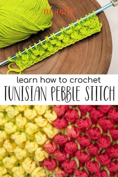 crochet afghan with text overlay that says learn how to crochet turkish pebble stitch