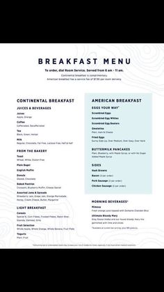 the breakfast menu is shown in blue and white