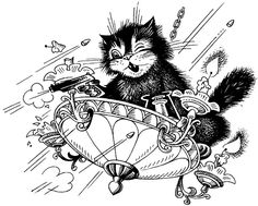 a black and white drawing of a cat riding on top of an airplane with wheels