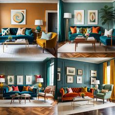 this living room is painted in teal and orange, while the couches are blue