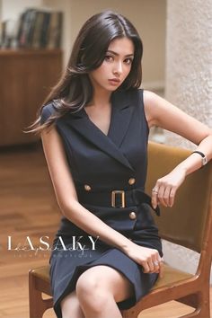 Lasaky - Refined Sleeveless Double-Breasted Buttoned Pencil Skirt with Flattering Fit Chic Belted Sleeveless Vest, Fitted Belted Sleeveless Vest, Black Work Dresses, Summer Belt, Socialite Style, Suit Collar, Tailored Dress, Hip Dress, Polyester Dress