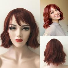 Women auburn dark red short wavy bob fringe bangs wig Fringe Bangs Short, Auburn Wigs, Bob Fringe, Wig With Fringe, Wavy Bob Wig, Short Blonde Bobs, Short Wavy Bob, Natural Ombre, Blonde Bob Wig