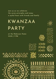 a green and gold party card with an image of native american art on the front