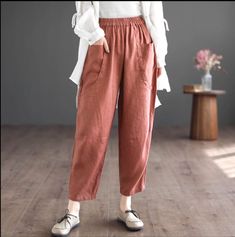 Details: Gender: Women Item Type: Pants Material: Linen Season: Spring, Autumn Pattern: Solid Style: Casual, Loose, Retro Waist Type: Elastic Waist Size: One Size Waist: 60.00 - 106.00 cm/ 23.62 - 41.73 " Length: 89.00 cm/ 35.04 " Hip: 106.00 cm/ 41.73 " Loosely Fitted Capris With Pockets, Casual High Waist Capris For Fall, Fall Linen Harem Pants With Pockets, Casual Linen Pants For Fall, Linen Bottoms With Side Pockets For Fall, Non-stretch Linen Pants For Fall, Fall Linen Pants With Pockets, Casual Linen Pants, Autumn Pattern