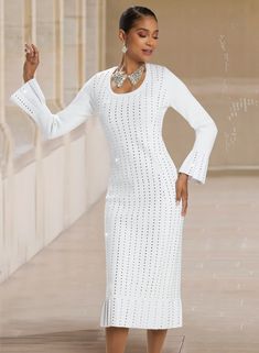 Donna Vinci Knit 13374 white rhinestone embellished knit dress Church Attire For Women, Donna Vinci Church Suits, White Church Hats, Dresses Church, Knit Suits, Church Attire, Women Church Suits, Church Dress, Sunday Dress