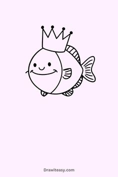 A cute cartoon fish wearing a crown, smiling happily, drawn in a simple and minimalist style. Cute Cartoon Fish, Wearing A Crown