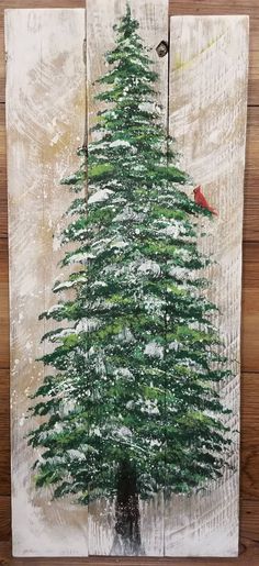 a painting of a green christmas tree on a wood paneled wall with a red bird perched on it