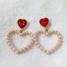 Red Heart White Pearl Earrings White Heart Beads Earrings For Valentine's Day, White Heart Earrings With Beads For Valentine's Day, White Open Heart Earrings For Valentine's Day, Valentine's Day White Open Heart Earrings, White Heart Earrings For Valentine's Day, Red Earrings Aesthetic, Red Wedding Jewelry, Heart Pearl Earrings, Fairytale Jewelry