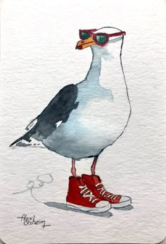 a watercolor painting of a seagull with sunglasses on it's head