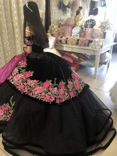 Quince Mexican Theme Dress, Charo Dress Quince, Pink And Black Quinceanera Dresses, Black Charro Dress, Black And Pink Quinceanera Dress, Chambelanes Outfits Quinceanera Black, Purple Charro Quinceanera Dresses, Black Quince Dresses With Flowers, Pink And Black Charro Quinceanera Dresses