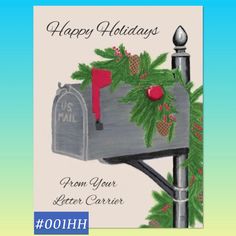 a christmas card with a mailbox and holly