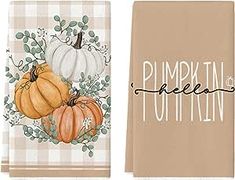 two napkins with pumpkins on them and the words pumpkin written in black ink