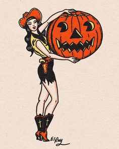 a drawing of a woman holding a pumpkin