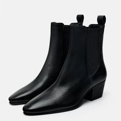 Zara Leather Ankle Boots Basic And Comfortables Black Leather Pointed Toe Ankle Boots, Zara Ankle Boots, Bike Boots, Womens Leather Ankle Boots, White Ankle Boots, Studded Ankle Boots, Zara Heels, Mesh Heels, Velvet Boots