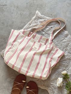 Elena Handbags Striped Cotton Canvas Shoulder Bag White Tote Shoulder Bag With Striped Lining, Beige Tote Shoulder Bag With Striped Lining, Striped Canvas Shopping Bag, White Travel Bag With Striped Lining, Red Cotton Canvas Shopping Bag, Red Cotton Canvas Bag For Shopping, Summer Striped Shoulder Bag For Everyday, Summer Everyday Use Striped Shoulder Bag, White Tote Bag With Striped Lining