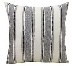 a gray and white striped pillow on a white background with black lines in the middle