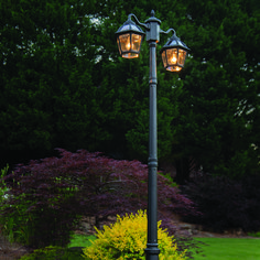 a lamp post with two lights on it in front of some bushes and trees at night