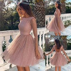 Prom Mini Dress, Backless Long Sleeve, Short Graduation Dresses, Sequin Evening Gowns, Gaun Fashion, Pink Homecoming Dress, Long Sleeve Prom, Evening Party Gowns, Unique Prom Dresses