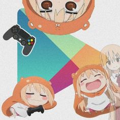 three anime characters with video game controllers in front of them