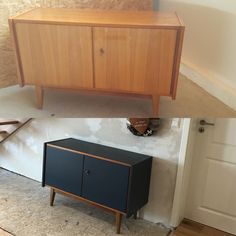 an empty room with a cabinet next to the door and another sideboard on the floor