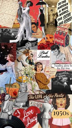 collage of vintage photos and advertisements from 1950's to present as wall art