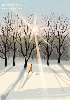 a person walking in the snow with trees and sun shining down on them as if it were winter