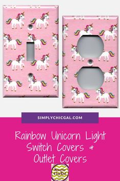 a pink light switch cover with unicorns on it and the words rainbow unicorn light switch covers