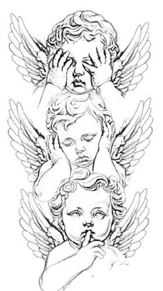 three angels with hands on their heads, one holding the other's head and looking at