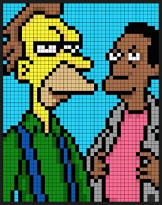 the simpsons characters are depicted in this pixellated mosaic art piece, which depicts two people talking to each other