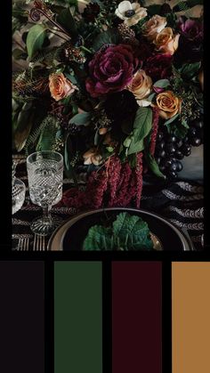 Black With Jewel Tones, Burgundy And Forest Green Color Palette, Moody Red Color Palette, Dark Maximalism Color Palette, Gothic Wedding Color Palette, Wine Red Color Combination, Dark Green Coordinating Colors, Dark Green Moody Wedding, Dark Olive Wedding Colors