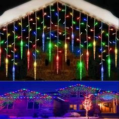 christmas lights are hanging from the roof of a house