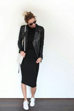 how to wear a leather jacket with a dress, 30 best outfits – Page 5 of 35 – stylishwomenoutfits.com Black And White Outfits, Fashion Creator, Women In Black, Led Fashion, Mode Casual, Looks Black, Moda Vintage, Mode Inspo, Sporty Chic