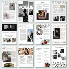 an assortment of magazine pages with photos and text on the front, in black and white