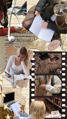 the collage shows people working on their laptops and writing in notebooks,